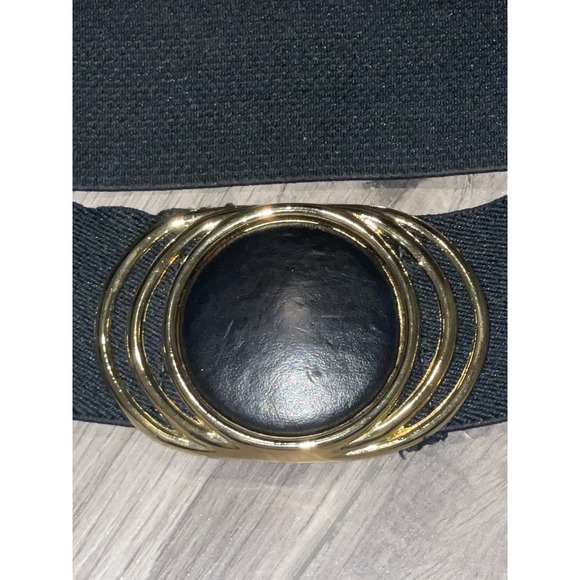 Vintage 80/90's Black Stretch Belt With Oval Faux Leather Buckle Gold Trim Y2K - Picture 7 of 12